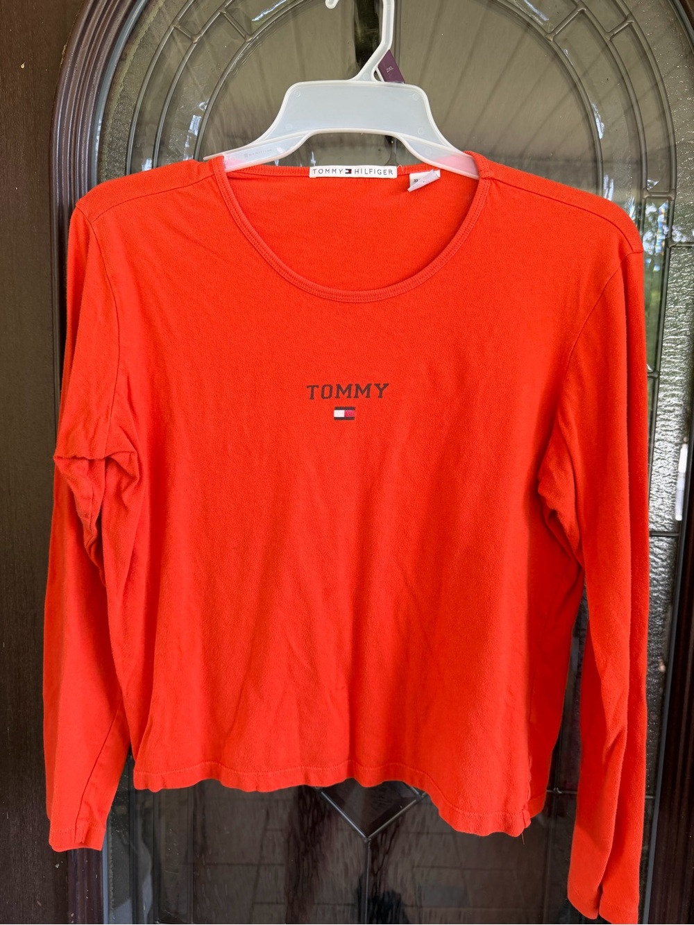Tommy Hilfiger Women's Red Long-Sleeve Crewneck Tee with Small Logo